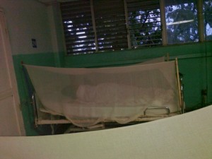 Paciente bajo un mosquitero, en una sala de ingresados (foto del autor)