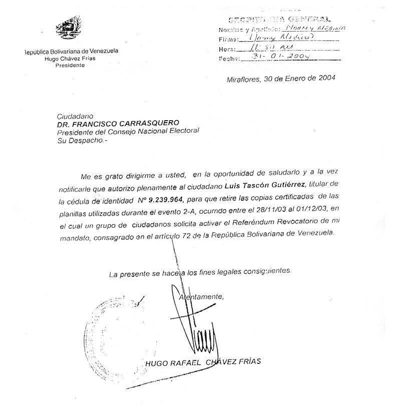 Carta de Hugo Chávez a Francisco Carrasquero, presidente del CNE en 2004 (foto facilitada por la autora)