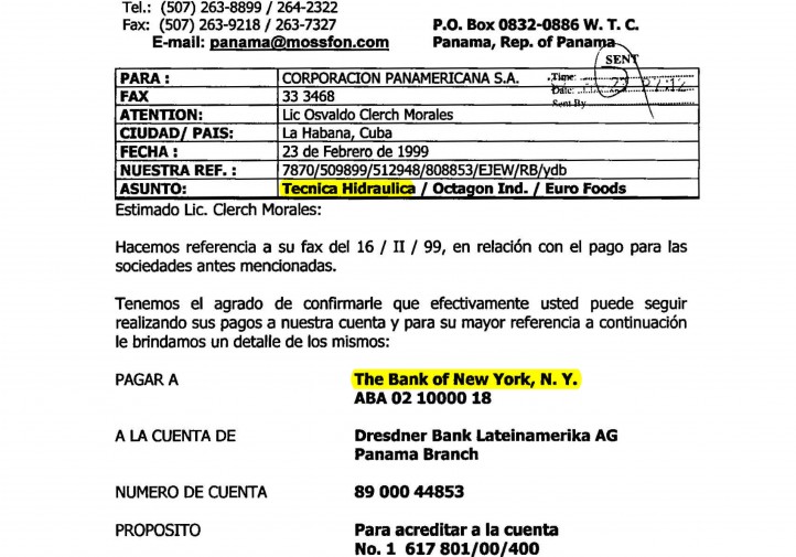 Fax sobre pago de servicios de Corporación Panamericana S.A. a Mossack Fonseca a través del Banco de Nueva York para la empresa Técnica Hidraúlica S.A.