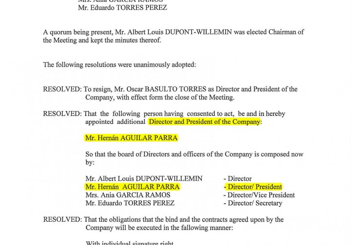 Minuta en la que se nombra a Hernán Aguilar Parra como director de la empresa offshore Curtdale Investments Limited