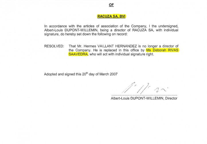 Nombramiento de Déborah Rivas Saavedra como directora de la empresa offshore Racuza SA en sustitución de Hermes Vaillant Hernández