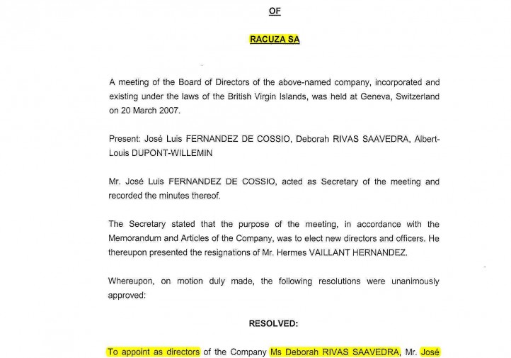 Nombramiento de los tres directores de la empresa Racuza SA  José L. Fernández de Cossío, Déborah Rivas Saavedra y Albert-Louis Dupont Willemin