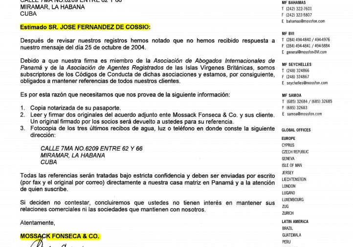 Carta enviada a José L. Fernández de Cossío por parte de Mossack Fonseca