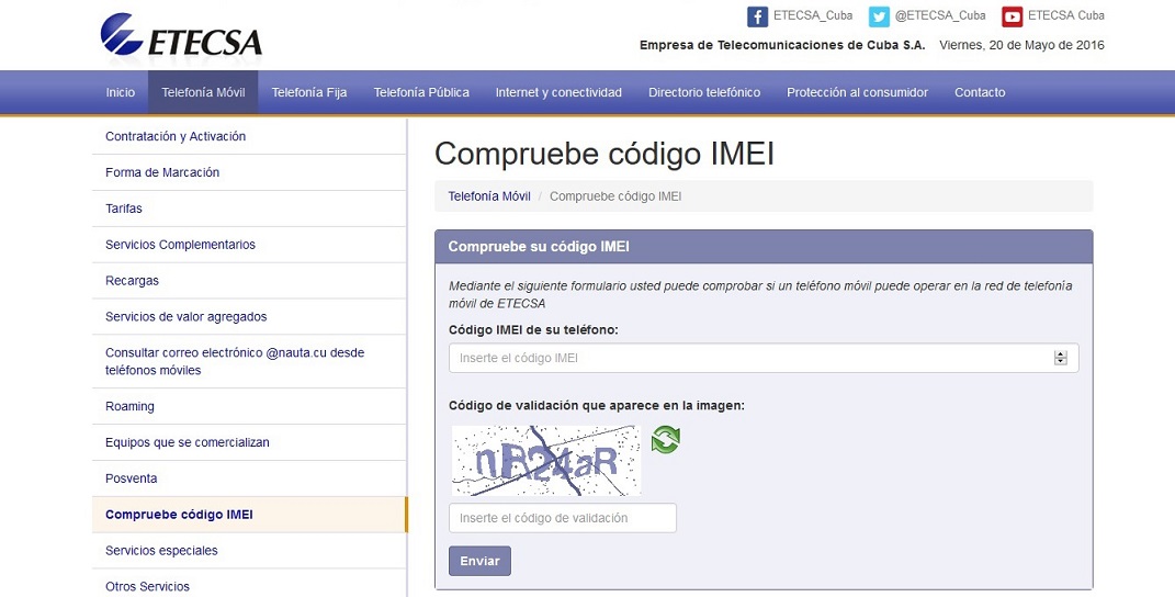 ETECSA abrió en su sitio web un enlace para que los usuarios puedan verificar su código IMEI (Captura de pantalla/Manuel Díaz Mons)