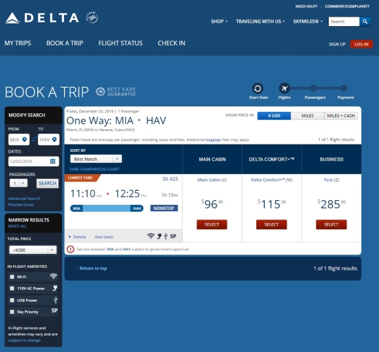 Precios de Delta Airlines (Captura de pantalla)