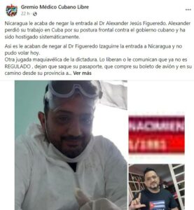 Nicaragua denies entry to Cuban doctor Alexander Jesús Figueredo