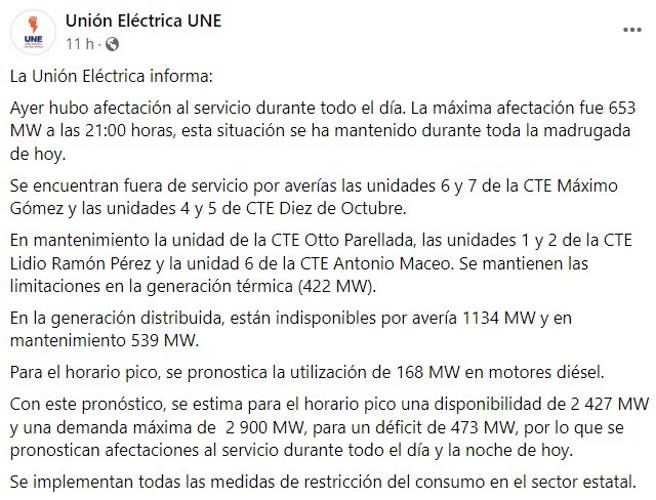Unión Eléctrica de Cuba announces more massive blackouts for this Wednesday