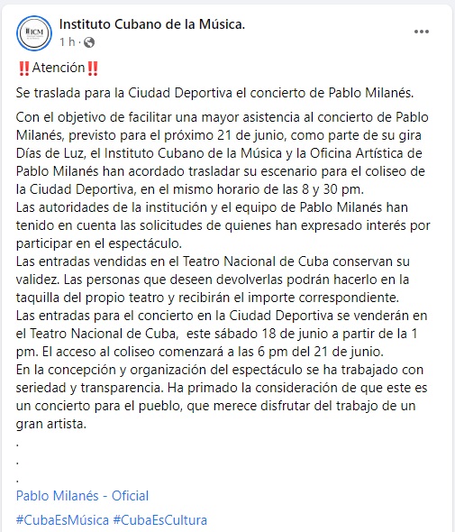 Regime moves the Pablo Milanés concert to the Ciudad Deportiva Coliseum