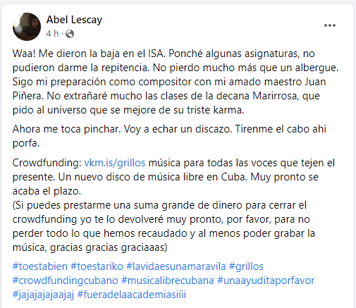 Higher Institute of Art dismisses musician Abel Lescay, 11J protester