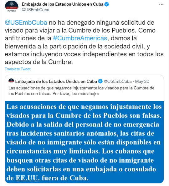 The US reiterates that it did not deny visas to Cuban activists to attend the People's Summit