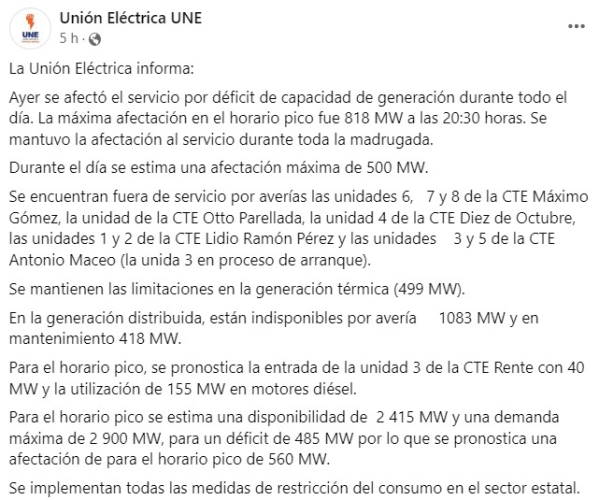 Unión Eléctrica de Cuba announces more blackouts due to generation deficit