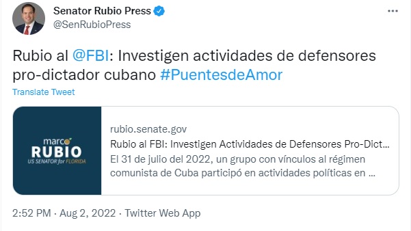 Marco Rubio asks the FBI to investigate the pro-Castro group Puentes de Amor