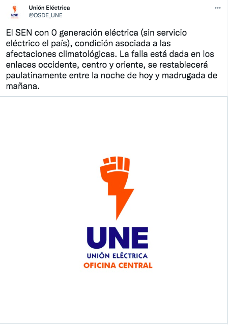 Cuba in national blackout due to an "opening in the electrical system"