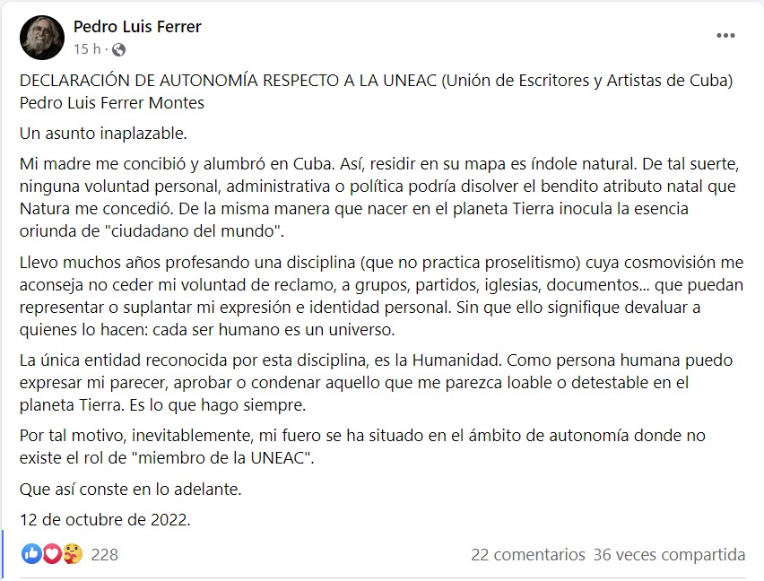 Singer-songwriter Pedro Luis Ferrer resigns from the Union of Writers and Artists of Cuba