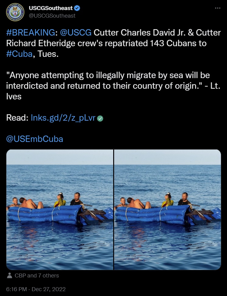 United States Coast Guard repatriates 143 Cuban rafters