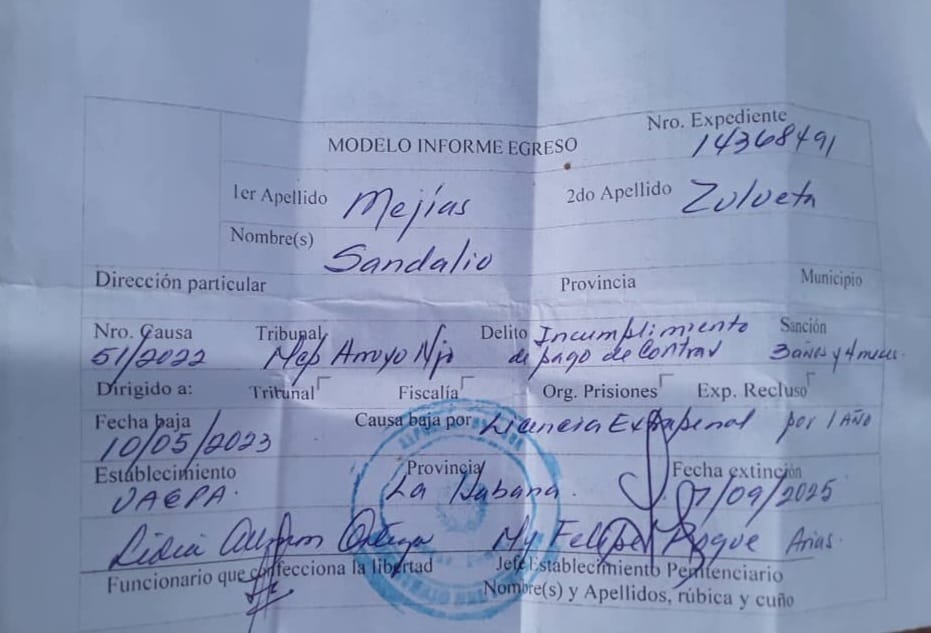 Licencia extrapenal concedida a Sandalio Mejías Zulueta