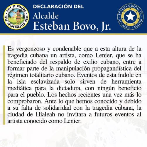 Declaración del alcalde de Hialeah, mayor Esteban Bovo, Lenier Mesa
