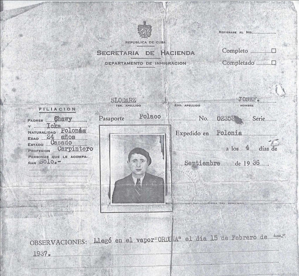 Documento oficial de admisión de Josef Slodarz, padre de la entrevistada, a Cuba