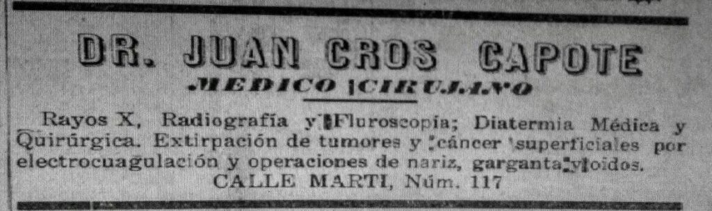 Publicidad en la prensa de la consulta de Juan Cros Capote en Baracoa 