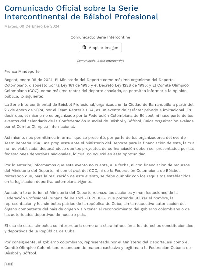Gobierno de Colombia “no reconoce” la Serie Intercontinental de Béisbol ni al equipo FEPCUBE