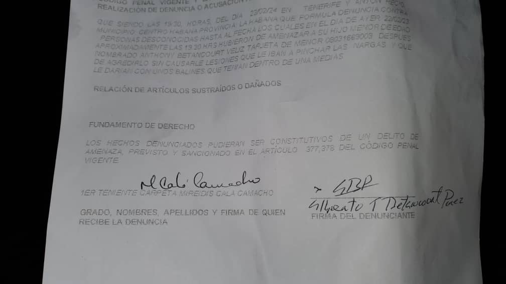 Denuncia formalizada por Betancourt Pérez ante la PNR